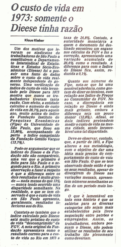Reportagem de 1977 reconhece a importância do Dieese e denuncia manipulação dos índices de inflação em 1973 (Crédito: Imagem de arquivo/Dieese)