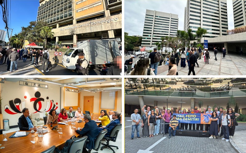Protestos, paralisações no CT, Ceic, BBA; plenárias com demitidos, negociações: Sindicato e bancários juntos contra demissões no Itaú (Crédito: Imprensa/Seeb-SP)