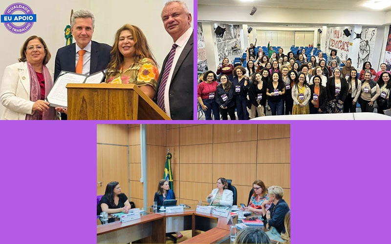 Em 2025, avanços na igualdade de oportunidades: cursos de capacitação de mulheres em TI; Fenaban e Sindicato assinaram carta compromisso por igualdade de gênero no trabalho; conferência de mulheres defende combate às violências e mais direitos (Crédito: Imprensa/Seeb-SP)