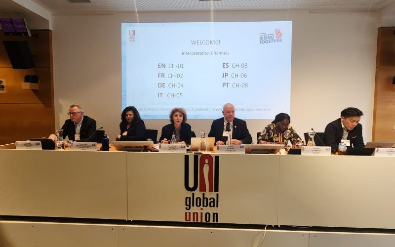 Presidenta do Sindicato, Neiva Ribeiro, em reunião da UNI Finanças, entidade sindical mundial, da qual é vice-presidenta: debate sobre empregos bancários diante do avanço da digitalização e da IA (Crédito: Imprensa/Seeb-SP)